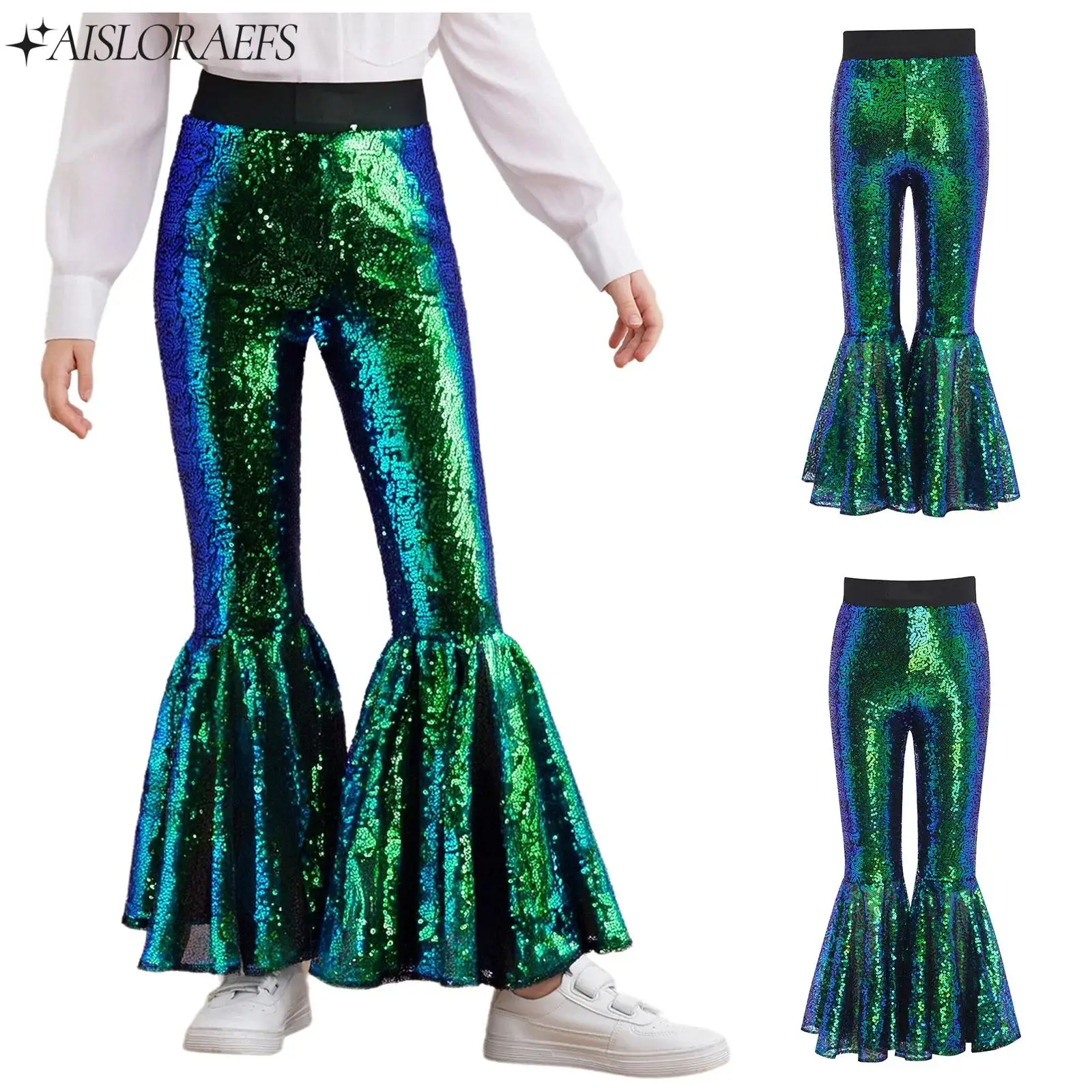 

Kids Girl Glittery Sequins Flared Pants Elastic Waistband Bell-Bottom Trousers Dancewear for Jazz Hip Hop Performance Show Party