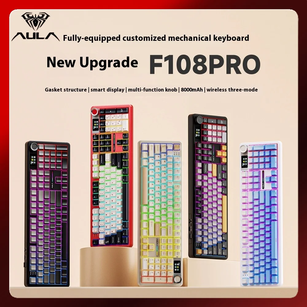 

Aula Wolf F108 Pro Mechanical Keyboard Three mode Wireless Gaming Keyboard Rgb With 1.14-Inch Display Screen Customise Pc Gifts