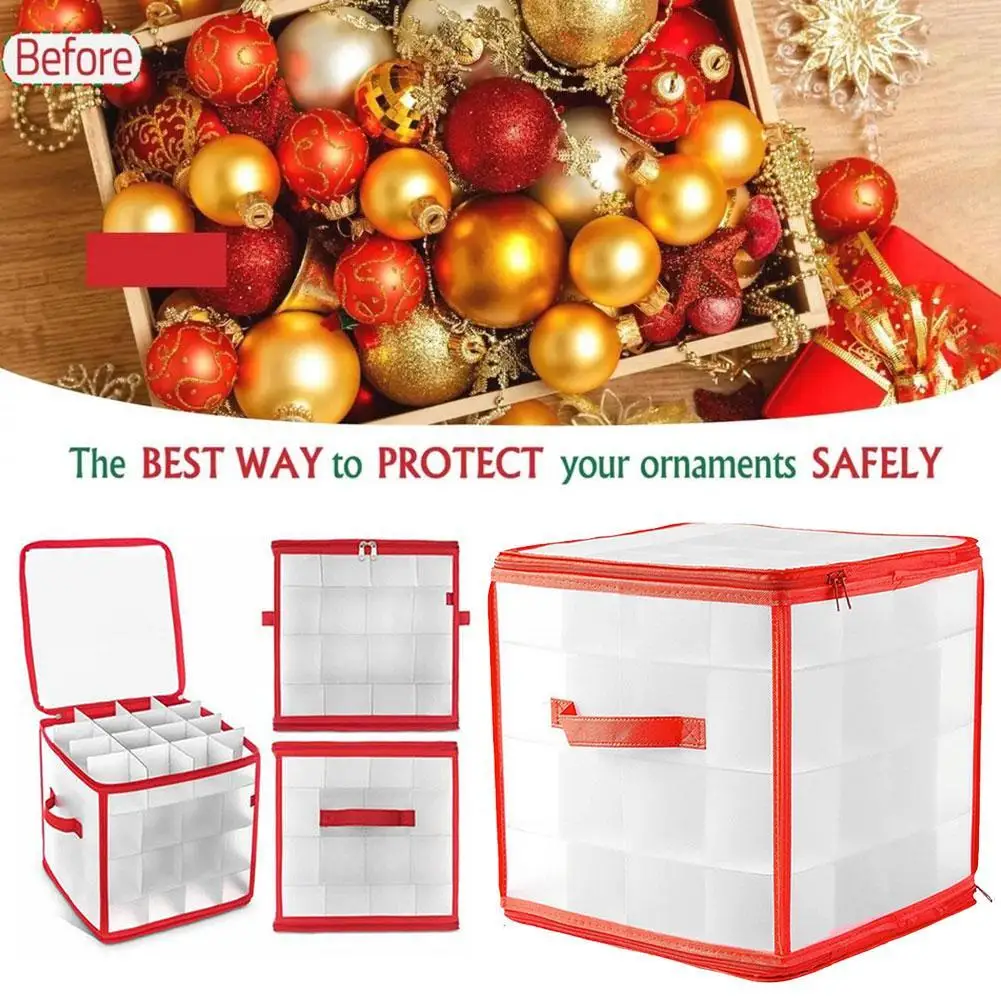 

1 Box With 64/32 Room, Christmas Ornament Storage Box Xmas Storage Containers With Zippered Handles Christmas Ball Storage Box