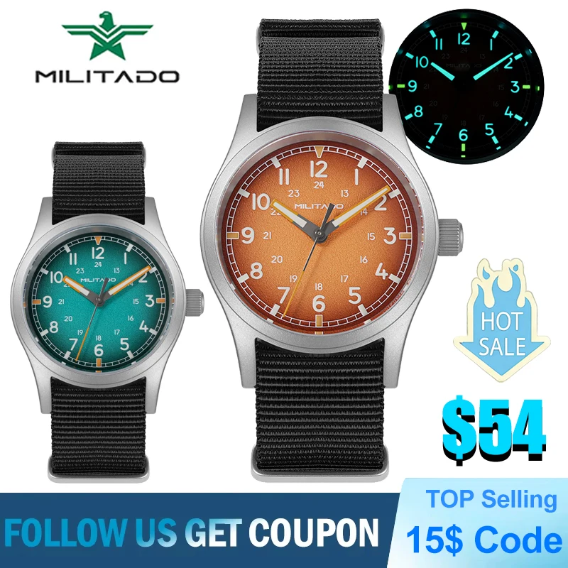 

Новые мужские часы Militado ML24 с кварцевым механизмом VH31, суперлюминесцентным покрытием Super Luminova BGW9, водонепроницаемостью 100 м, сапфировым стеклом, винтажные военные часы