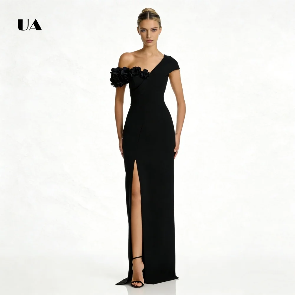 ULBYANRY Elegant Straight Prom Dress with Asymmetrical Collar Solid 3D Flower Appliques Evening Dress Slit Customized Party Gown