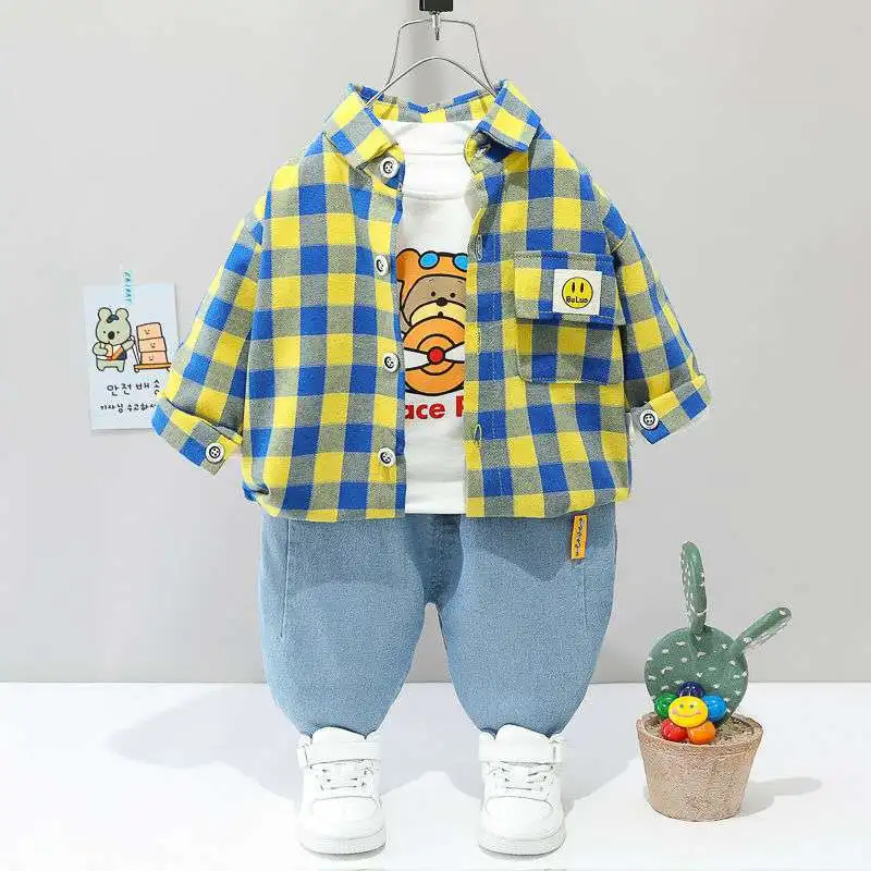 Baby Boy Clothes 0-5Y Spring Autumn Fashion Suit Boys Cartoon Plaid Shirts Jeans Children\'s Casual Clothes Baby 3 Piece Sets