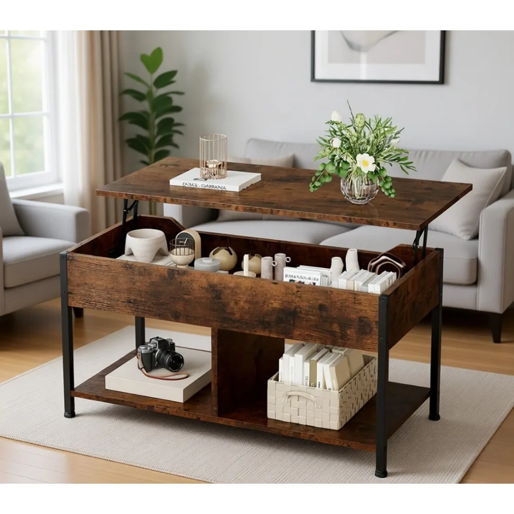 

Lift Top Coffee Table with Hidden Storage Compartment and Two Shelves for Living Room Adjustable Feet Brown