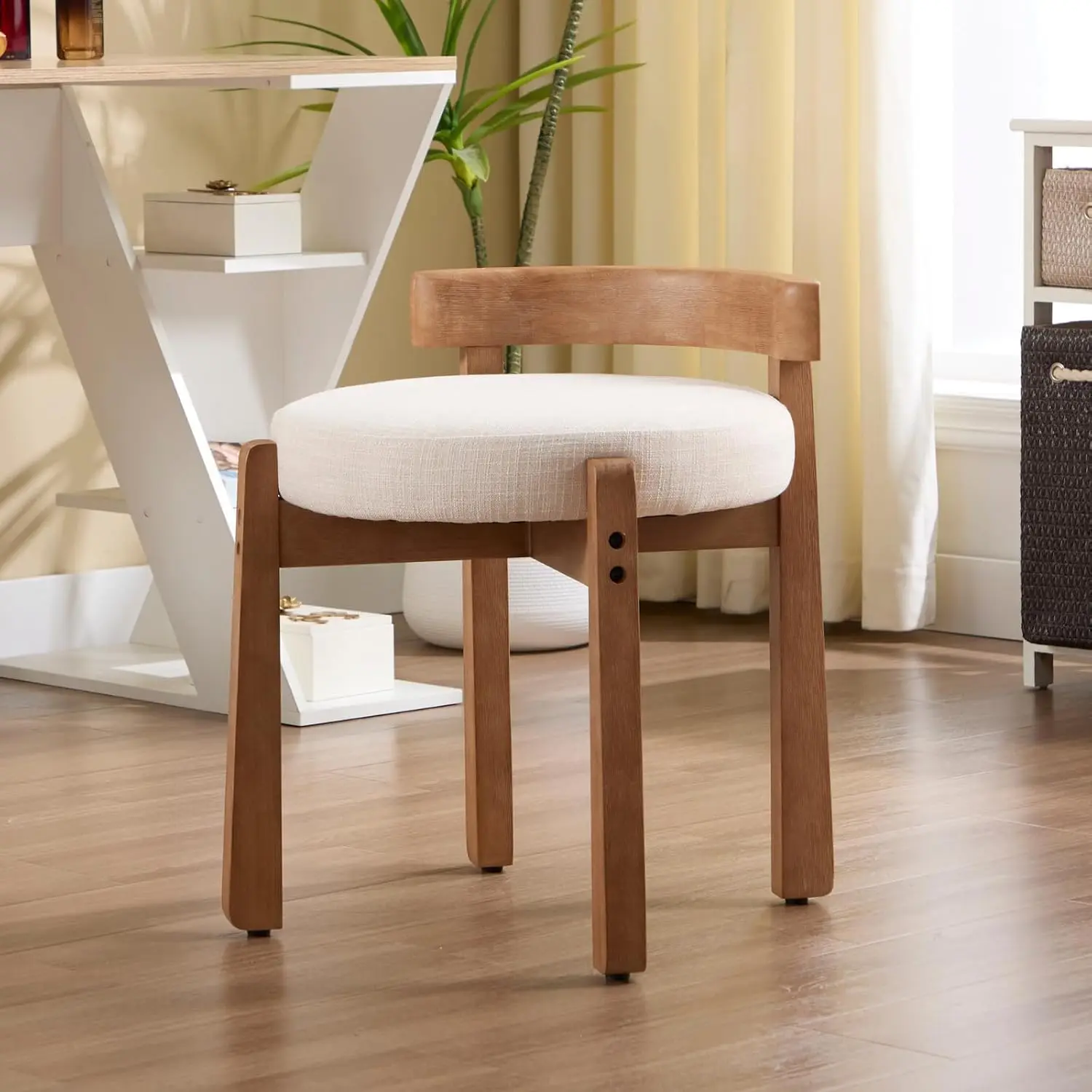 Wooden Vanity Chair, Round Upholstered Accent Ottoman Chair with Linen Cushion, Solid Wood Legs Makeup Bench for, Customized