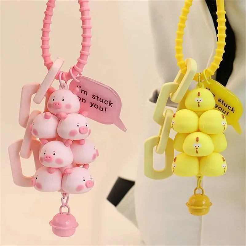 Kawaii Stacked Cartoon Pig Keychains Bell Creative Student Couple Backpack Hanging Decoration Mobile Phone Case Strap Pendants