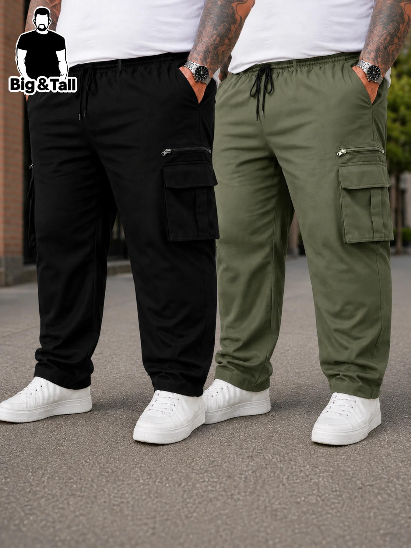 Large Size Men's Casual Street Style Work Pants Two-Pack Drawstring Waist Pure Color Fabric Suitable for Daily Wear And Outdoor