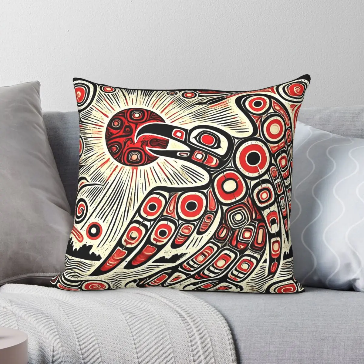 Raven Steals The Sun Northwest Coast Pillowcase Polyester Linen Velvet Printed Zip Decorative Room Cushion Cover