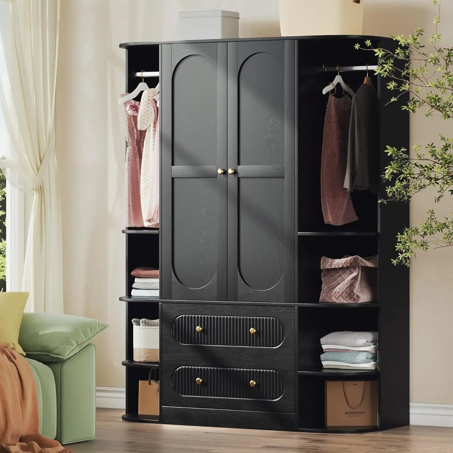 خزانة ملابس سوداء ذات سعة كبيرة مقاس 69 بوصة مع بابين و3 قضبان ودرجين و6 أرفف