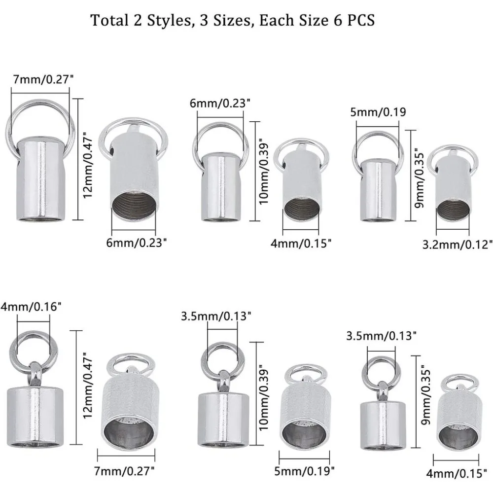 36pcs Stainless Steel Cord Ends Column Leather End Caps 3.2~6mm Inner Diameter Cord End Terminators Cord Finding for Jewelry