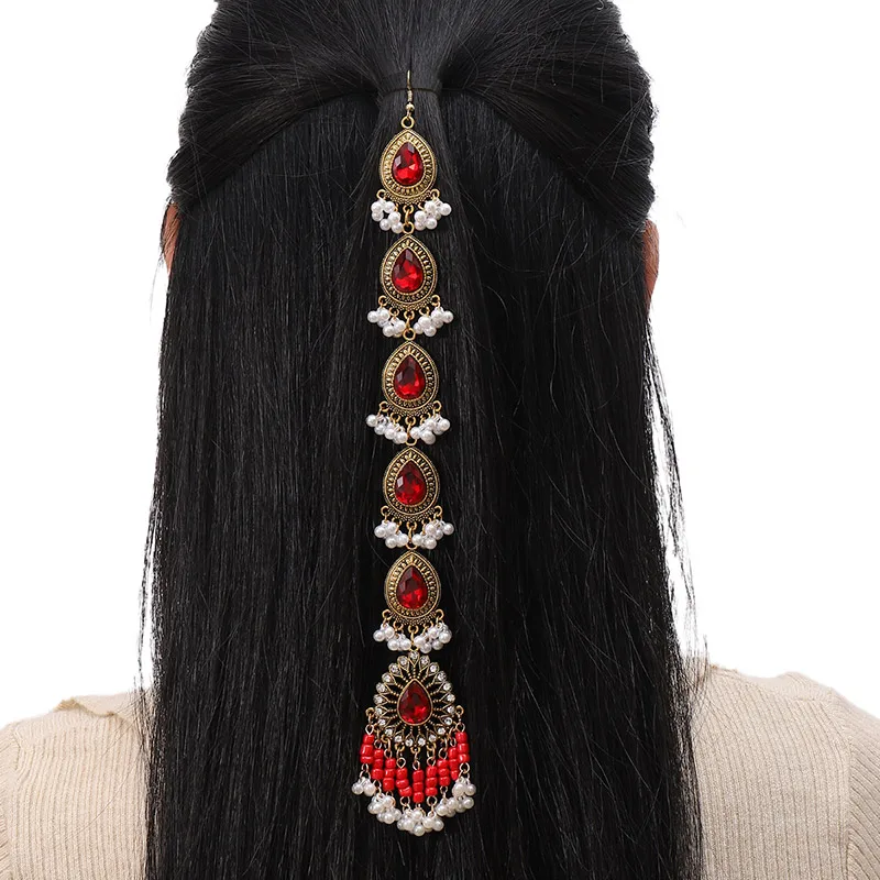 Vintage Hair Accessories For Women Crystal Simulated Pearl Beads Tassel Head Chain Ethnic Handmade Women's Hair Accesories