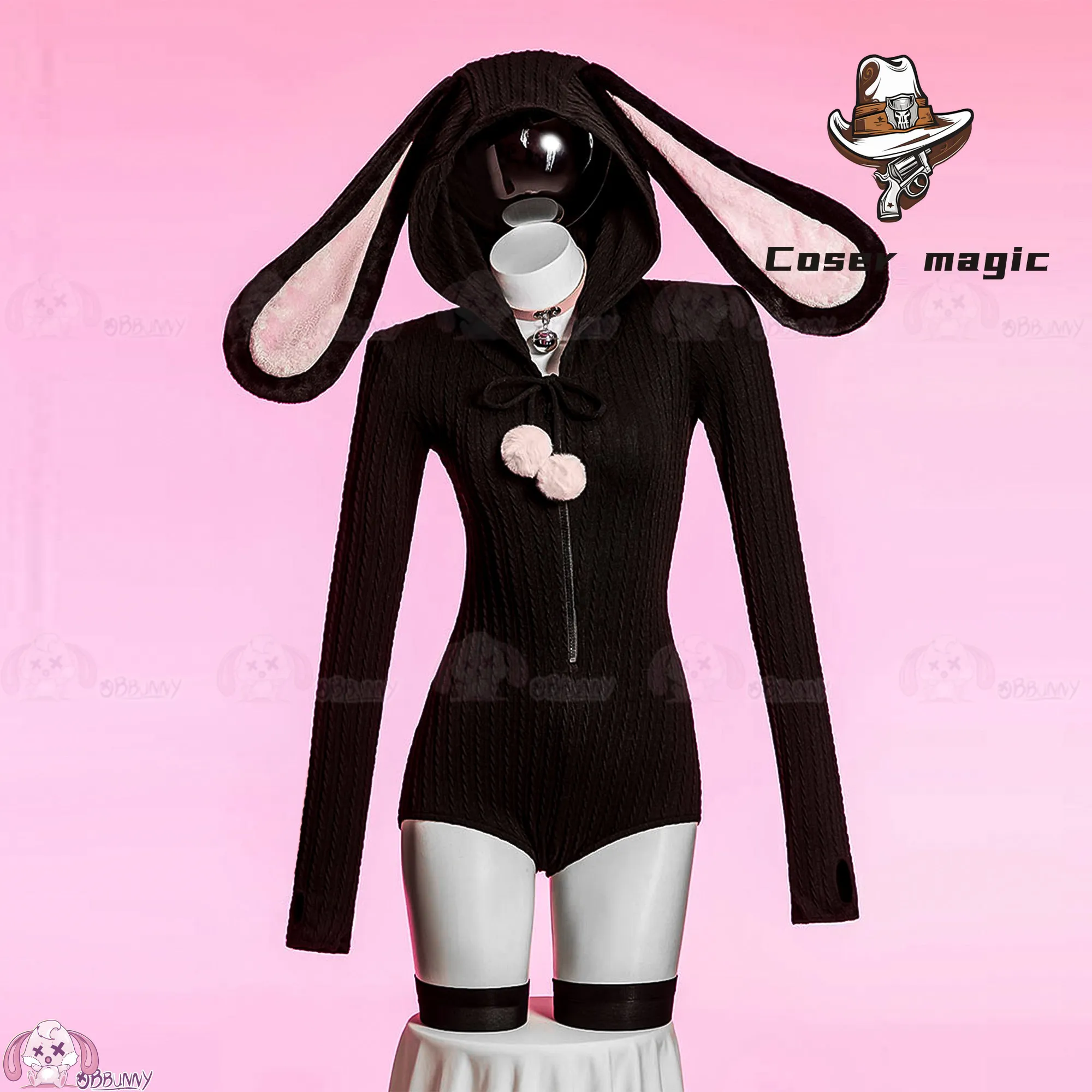 

Original Devil Floppy Ear Bunny Sweet Girl Cosplay Costume, Cute Sheer Y2K Loungewear Knit Tight Jumpsuit