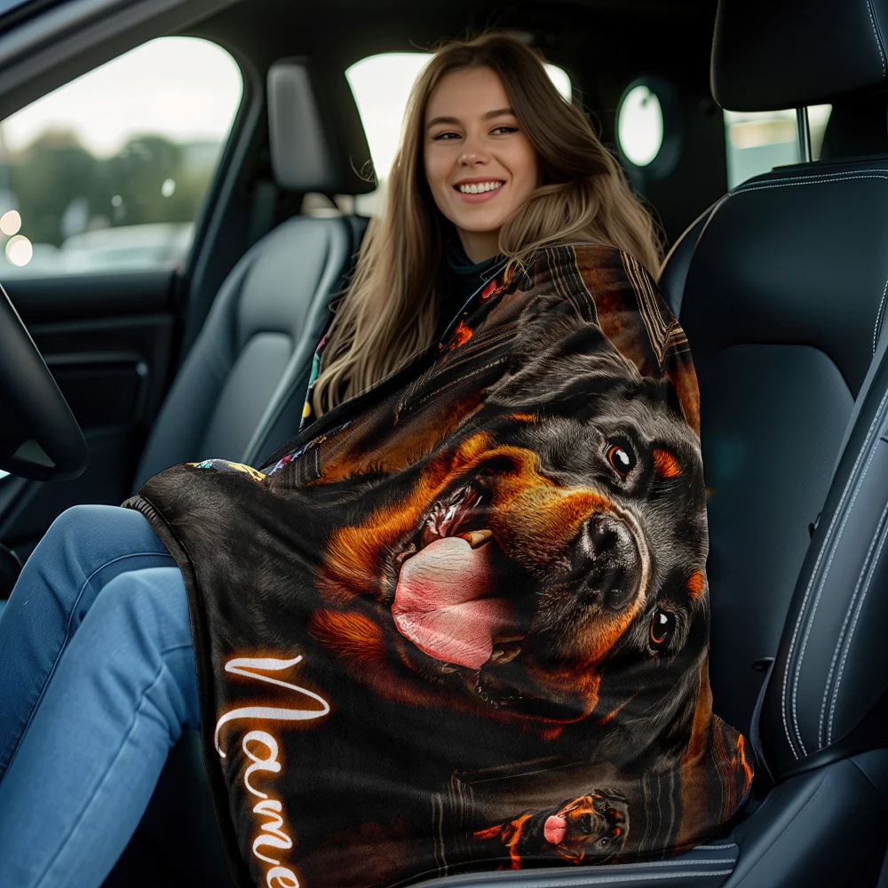 Customizable dog lover blankets with vivid Rottweiler patterns,suitable for sofa beds, travel camping, living rooms and offices