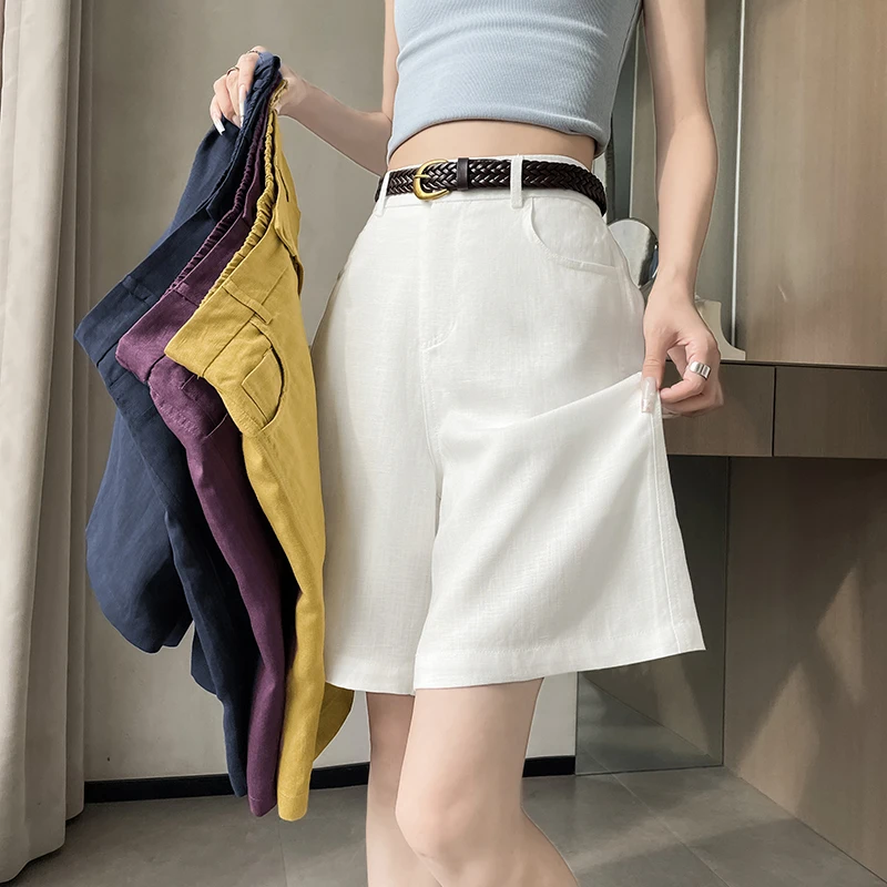 Casual Women Fashion Linen Solid Medium Pants Female High Waist Commuting Pockets Zipper Knee-length Summer Shorts with Liner