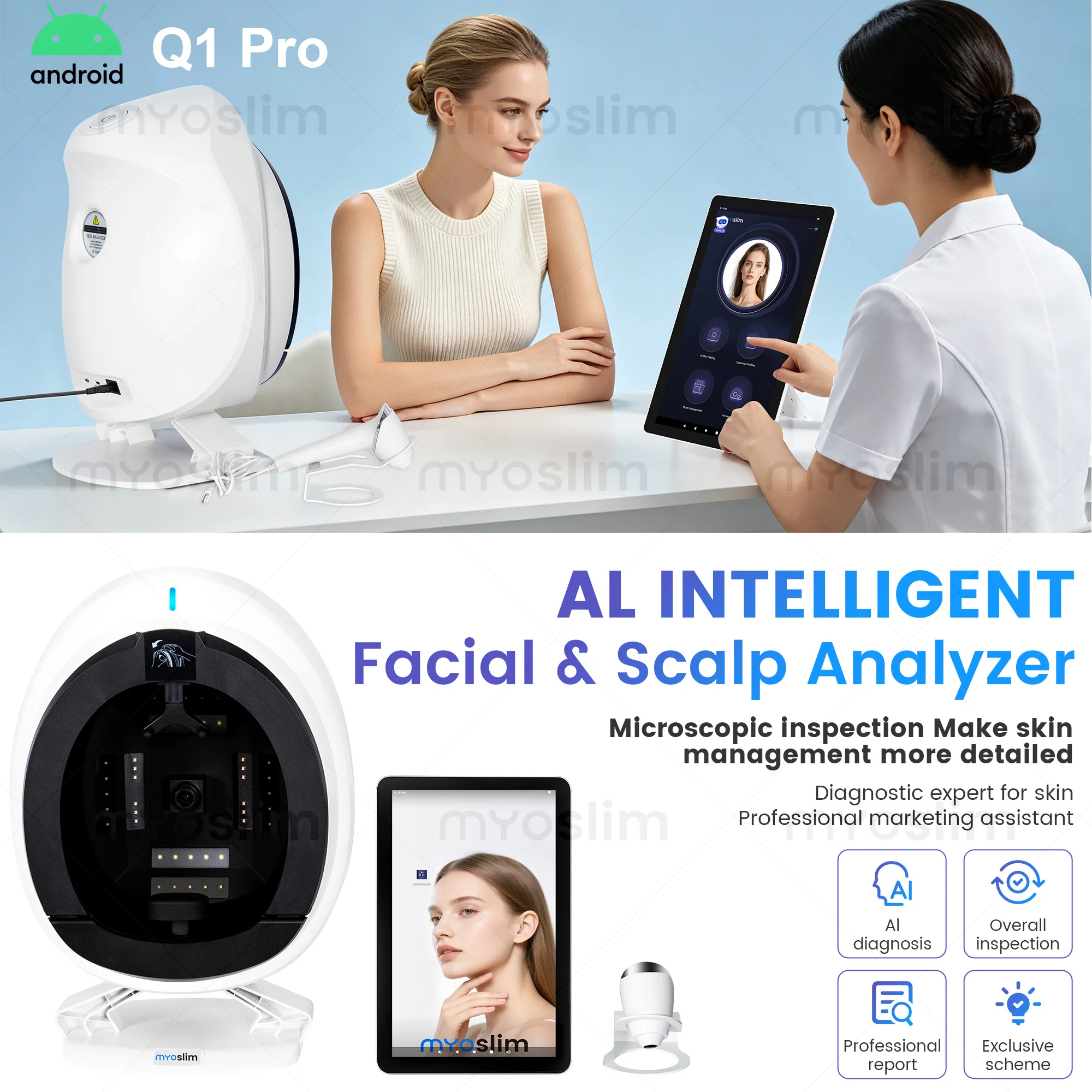 Q1 Pro 36MP AI Facial & Scalp Analyzer with 8 Spectral Imaging Hair Analysis Module for Beauty Salon Skin Diagnosis