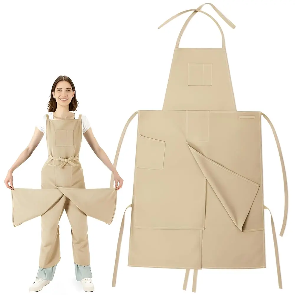 

Split Leg Pottery Apron, 2 Layer DIY Ceramic Apron with Convertible Pants, Large Pockets Towel Loop Smock for Unisex(Beige)