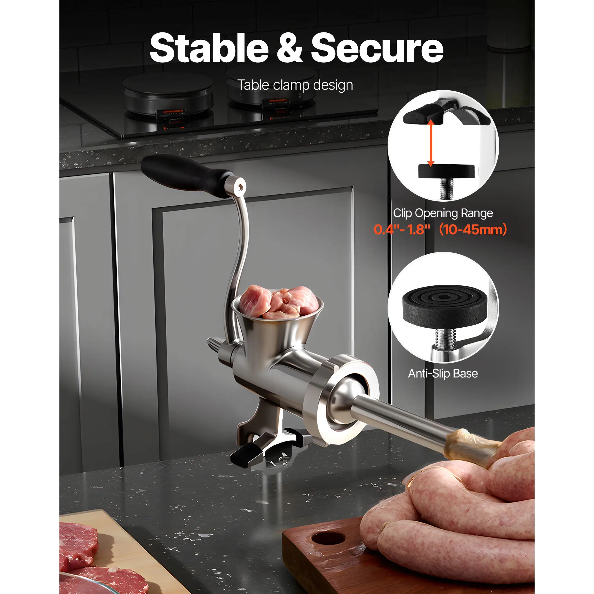 Manual Meat Grinder, 304 Stainless Steel Hand Crank Meat Mincer with Steel Table Clamp, Sausage Stuffer with 2 Cutting Plates & Sausage Tube, Food Grinder for Beef Chili Pork Kitchen Tabletop