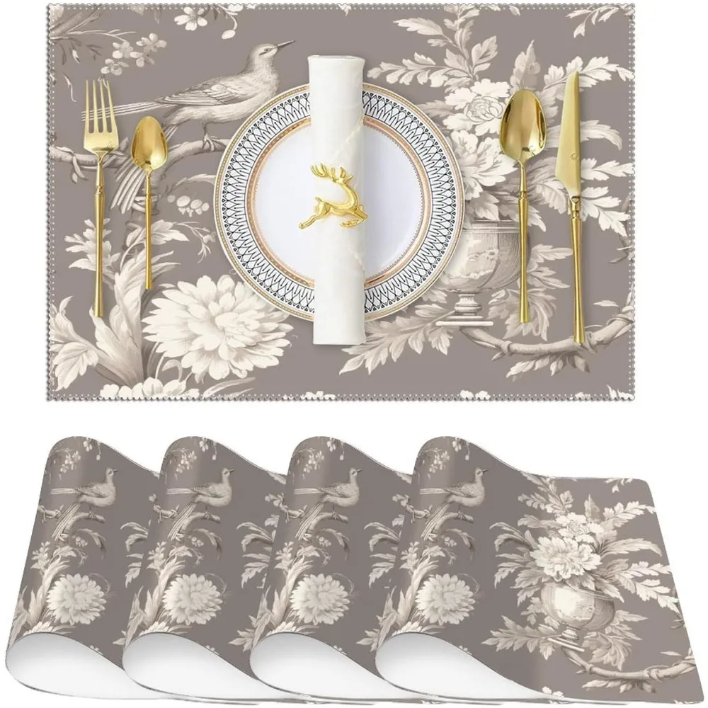French Retro Floral Bird Placemats Set Of 4 Floral Tan French Country Easy To Clean Place Mats Asian Rustic Table Top Decor