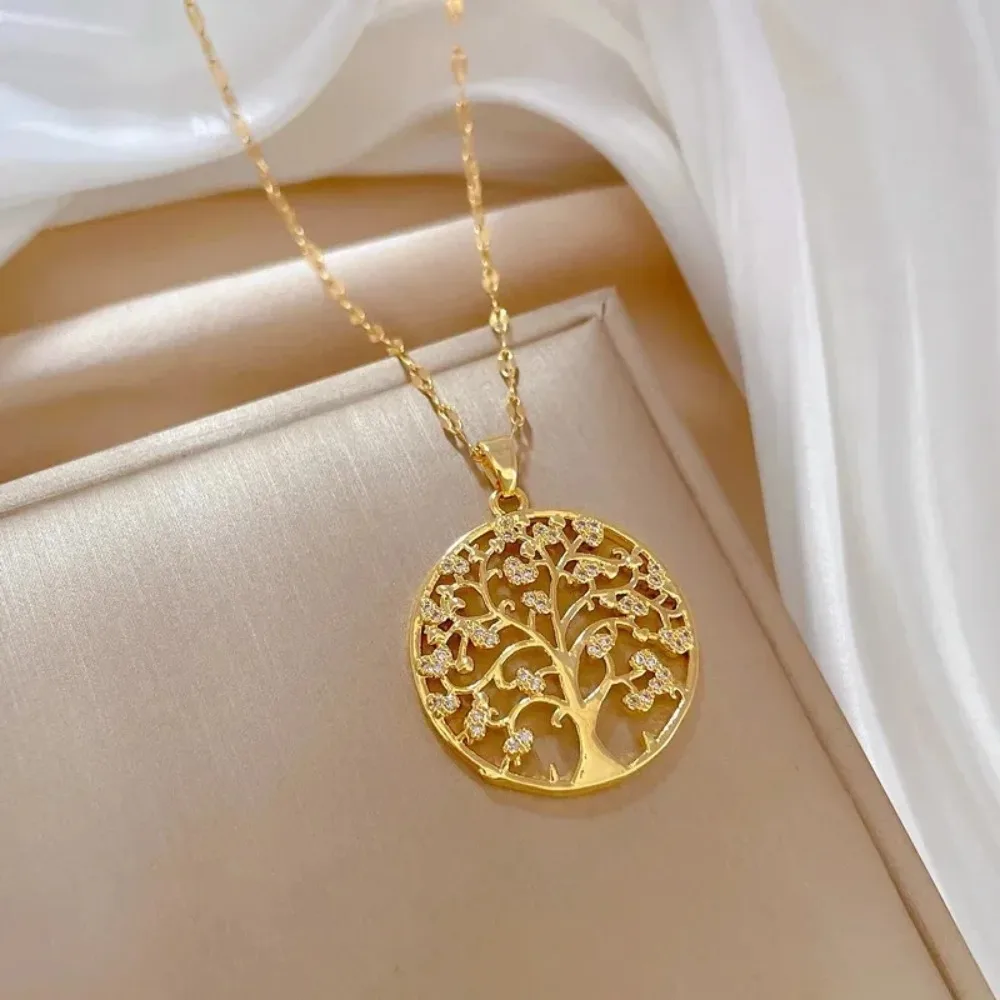 Temperament Luxury Rhinestone Tree of Life จี้สร้อยคอผู้หญิงสแตนเลสสตีลกันน้ําความงามเครื่องประดับ