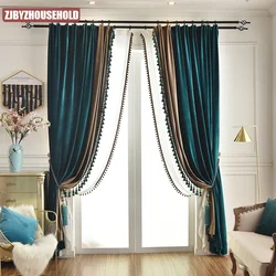 Cortinas de terciopelo personalizadas para dormitorio, estilo americano de lujo, verde pavo real, azul, marrón claro, terciopelo opaco, engrosamiento