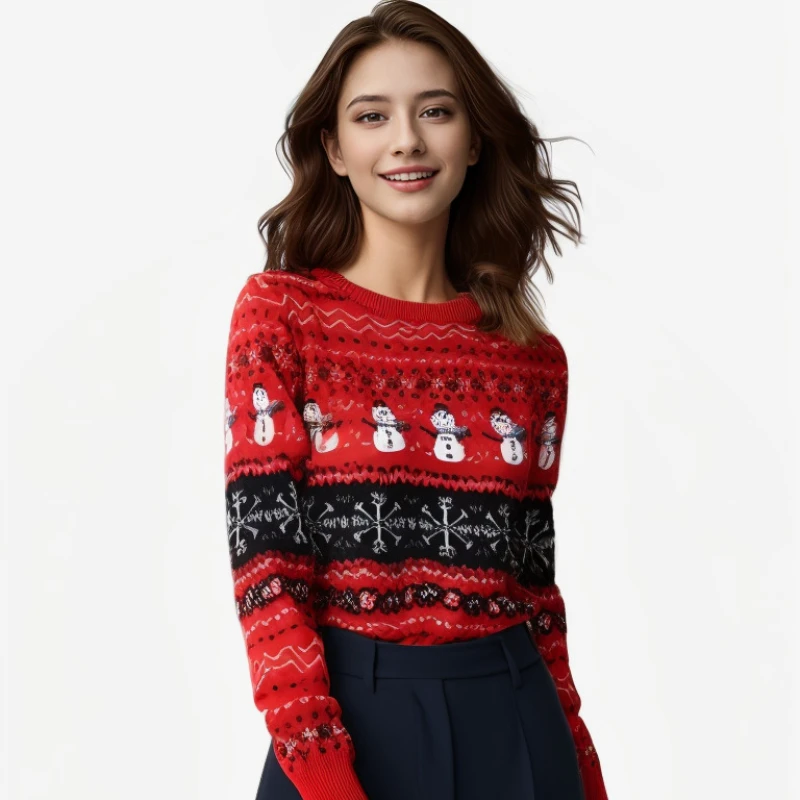 Oversize Winter Women Christmas Sweaters Casual Red Long Sleeve Snowman Knitwear Warm Pullover Top Jumpers 2025 New Year Outfits