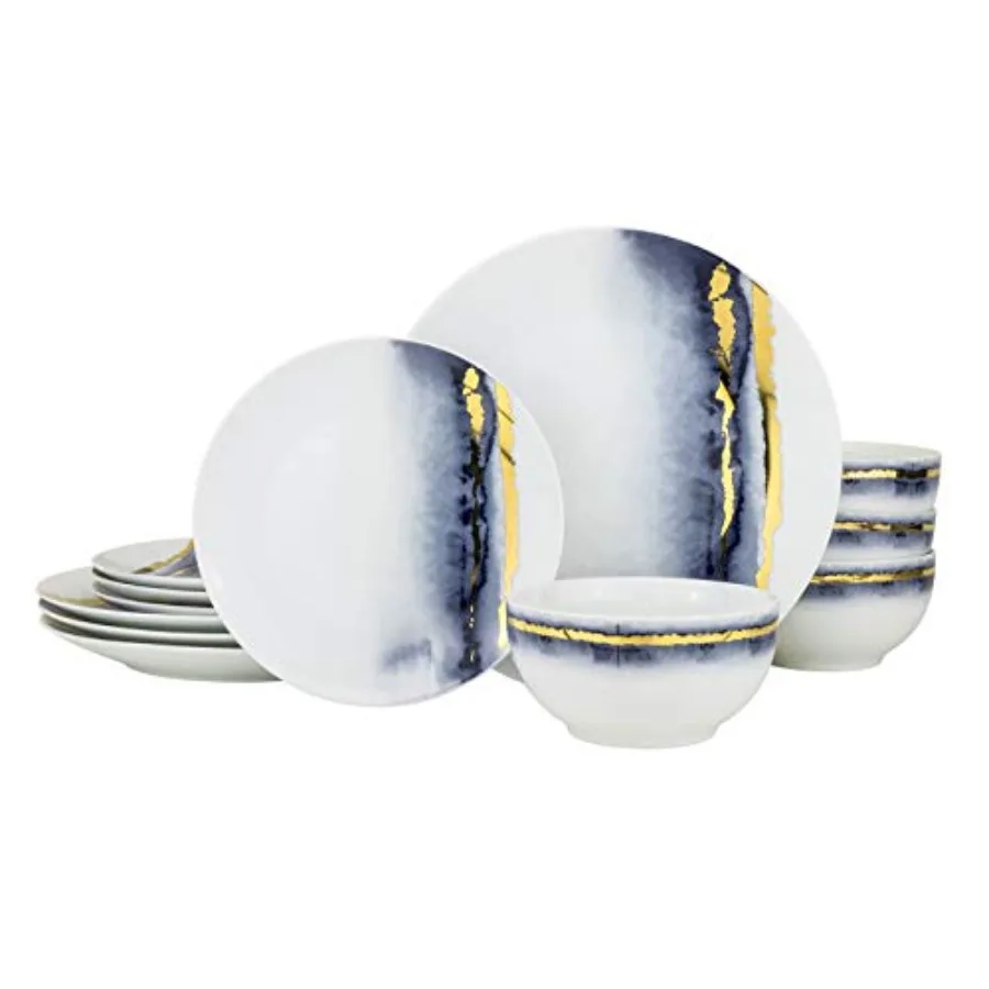 

Набор мраморных обеденных тарелок из 2 предметов — винтажный обеденный сервиз из 24-каратного золота на 4 (синий)