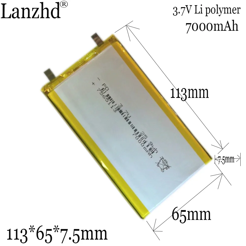 

1-12pcs 3.7V 7000 mAh 18.5Wh 7565113 Rechargeable Polymer Li Battery For GPS PDA MID PSP Phone PDF Power Bank