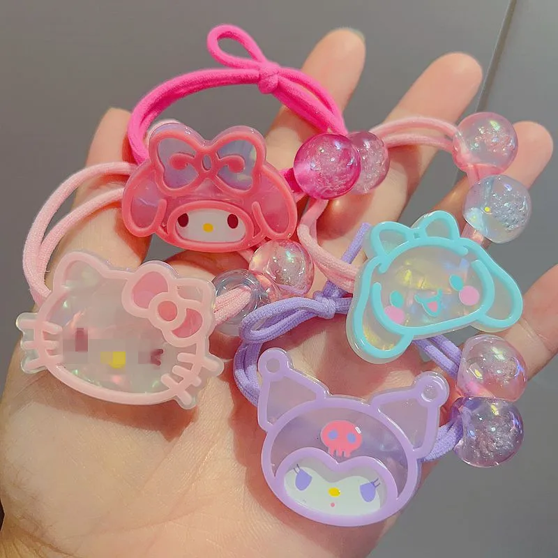 Sanrio Acrylic Double-Deck Scrunchie Kawaii Anime Kuromi Hellokitty Leather Band Beaded Hair Tie Children Hair Accessories