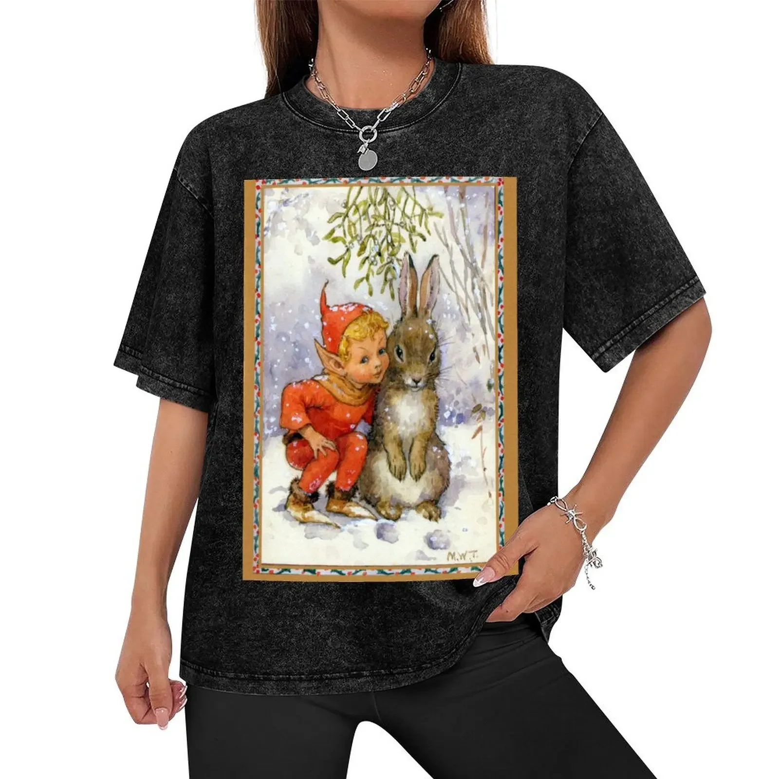 Elf and Rabbit Under Mistletoe Christmas - Margaret Tarrant T-Shirt sweat hippie clothes summer tops Short sleeve tee men