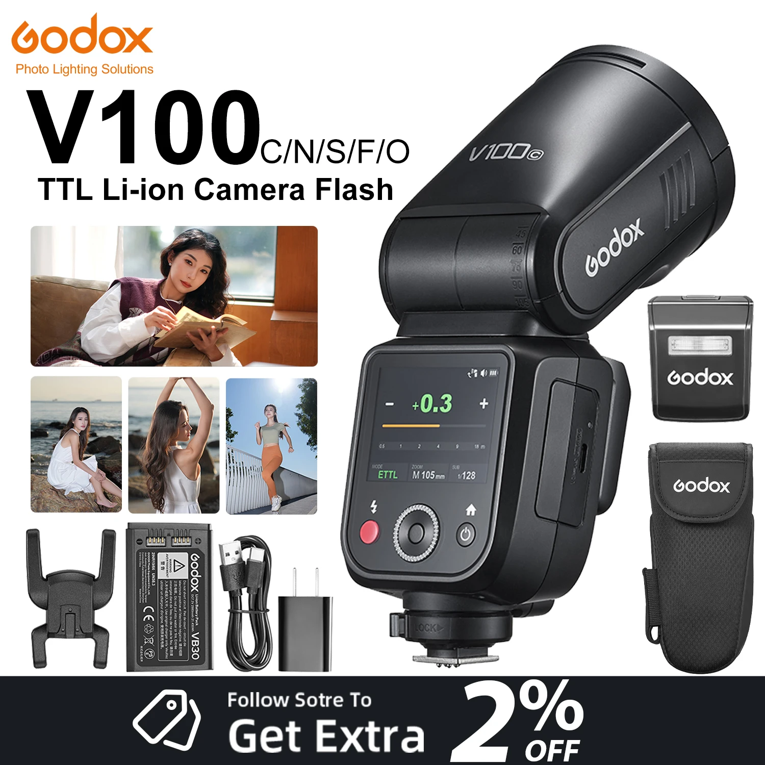 

Godox V100 C/N/S/F/O Wireless TTL Li-ion Round Head Camera Flash 100Ws Touch Screen Speedlite for Canon Sony Nikon Fuji Olympus