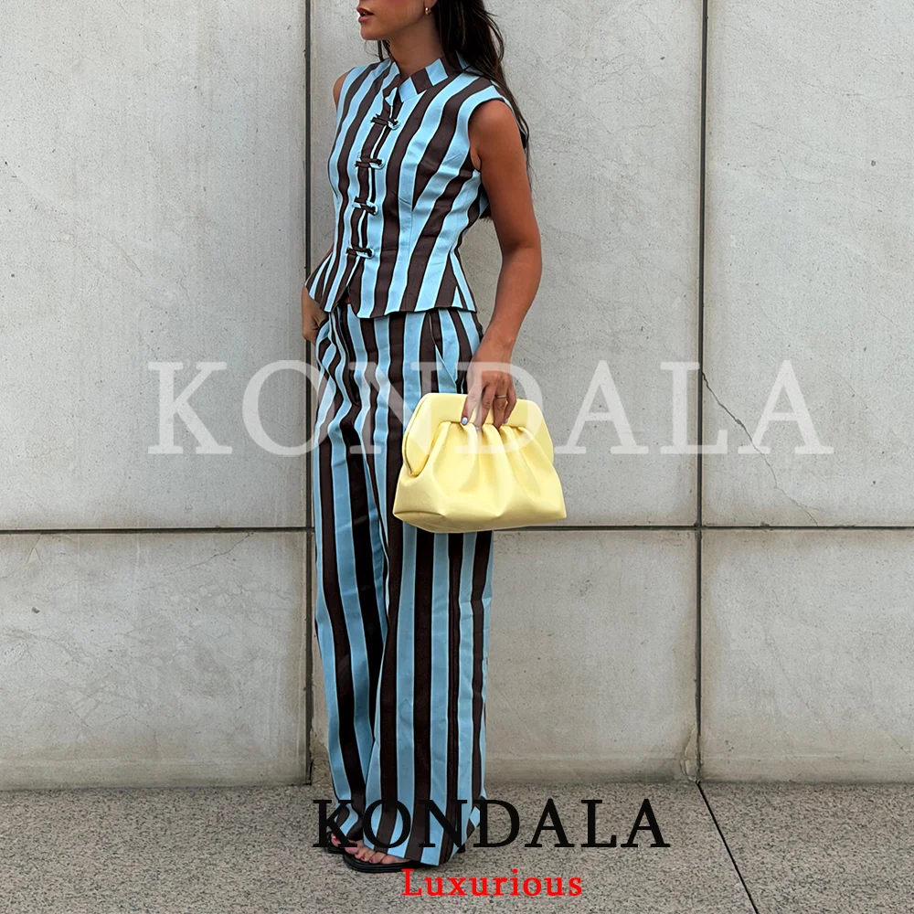 KONDALA Casual Chic Women Striped Suit Single Breasted Sleeveless Blouse Zipper Loose Pants Fashion 2026 Summer Autumn Sets
