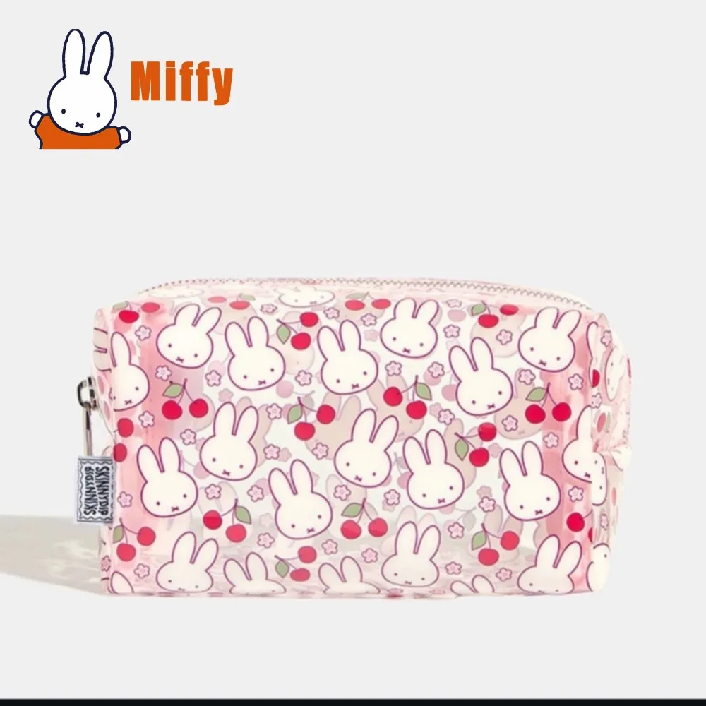 Kawaii Miffy Pink Transparent PU Cosmetic Bag Cute Cherry Flower Pattern Large Capacity Waterproof Makeup Organizer Girl Gift