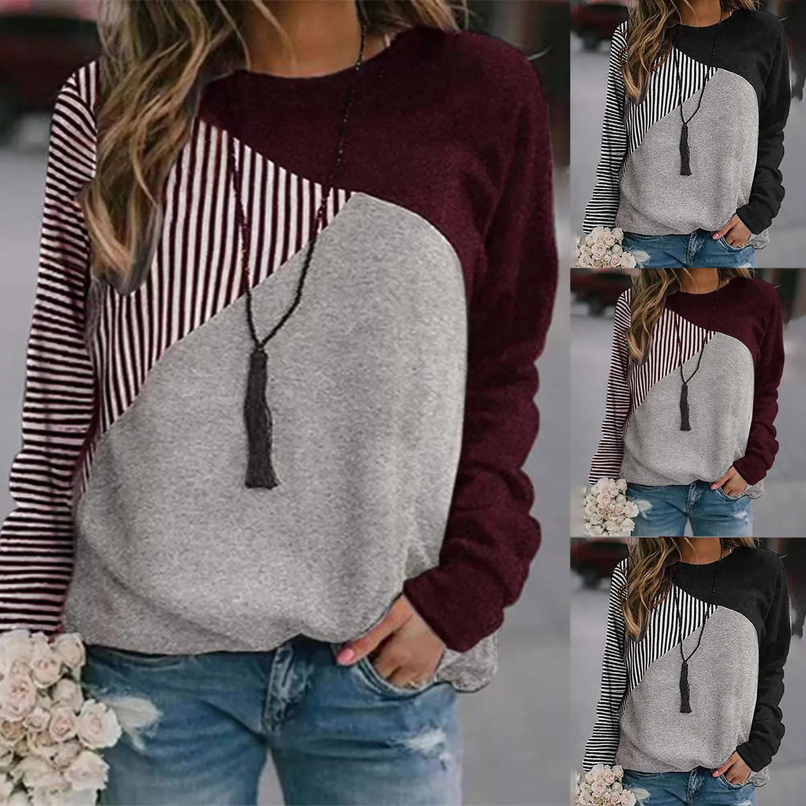 

Women Fleece Sweatshirt Women's Casual Striped Color Block Round Neck Long Sleeve Pullover Hoodless Sweatshirt For Hoodie Active