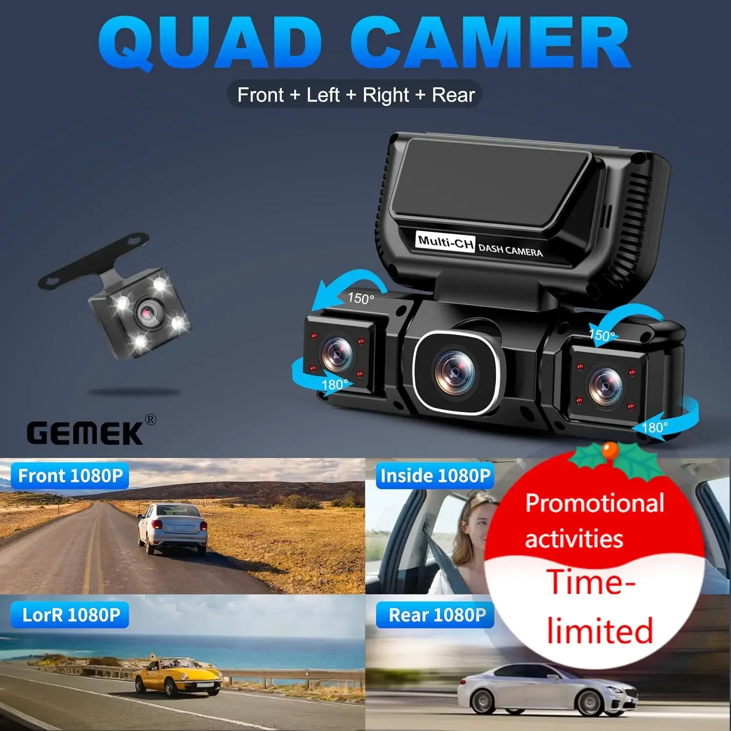360 Degree View 4 Channel Dash Cam 5G WiFi & APP Control, 2K Front and Rear Inside, Left Right Dash Camera for Cars Free 64GB TF