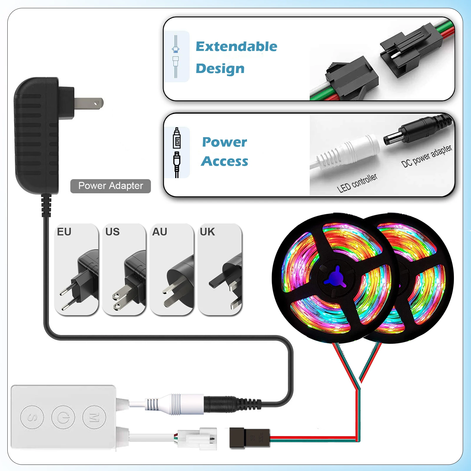 LED 스트립 조명, 블루투스 RGBIC 조명 스트립, 38 키 원격 제어, 주소 지정 가능 픽셀 스트립 조명, 침실, 가정용, 65.6ft