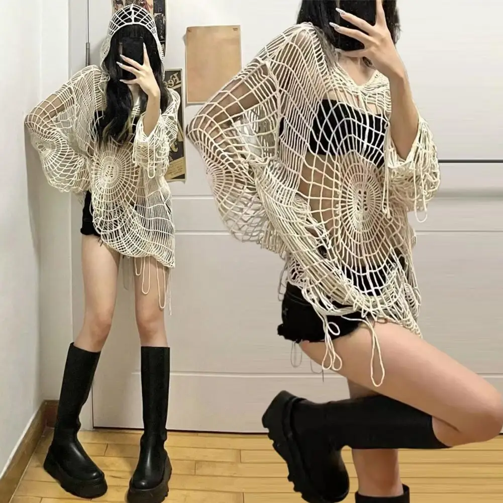 Y2K Hollow Knit Hooded Tops Women Goth Spider Web Spice Girl Mesh Pullovers Female Korean Fashion Fishing Net Sweaters