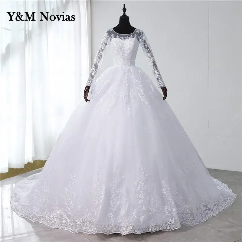 2021 Wit Ivoor Champagne Sweetheart Vestido De Noiva Trouwjurk Volledige Mouw Lange Trein Custom Plus Size Bruid Tule Mariage