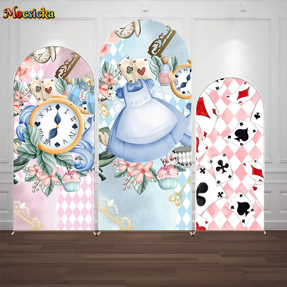 

Mockika Alice in Wonderland Arched Cover Backdrop for Girl Birthday Tea Party Clock Flower Pink Background Double-sided Booth