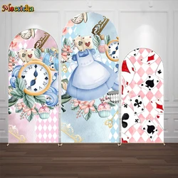Mocsicka Alice in Wonderland Arched Cover Backdrop for Girl Birthday Tea Party Clock Flower Pink Background Double-sided Booth