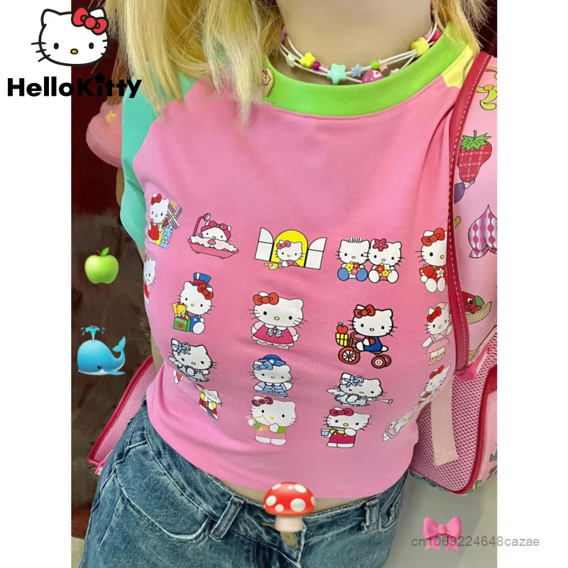 Sanrio Hello Kitty Short Sleeve T-shirts Fashion Contrast Color Crop Tops Women Cartoon Print Cute Short Tees Y2k Summer Clothes