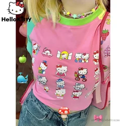 Sanrio Hello Kitty magliette a maniche corte moda contrasto colore Crop top donna Cartoon Print Cute Short Tees Y2k vestiti estivi