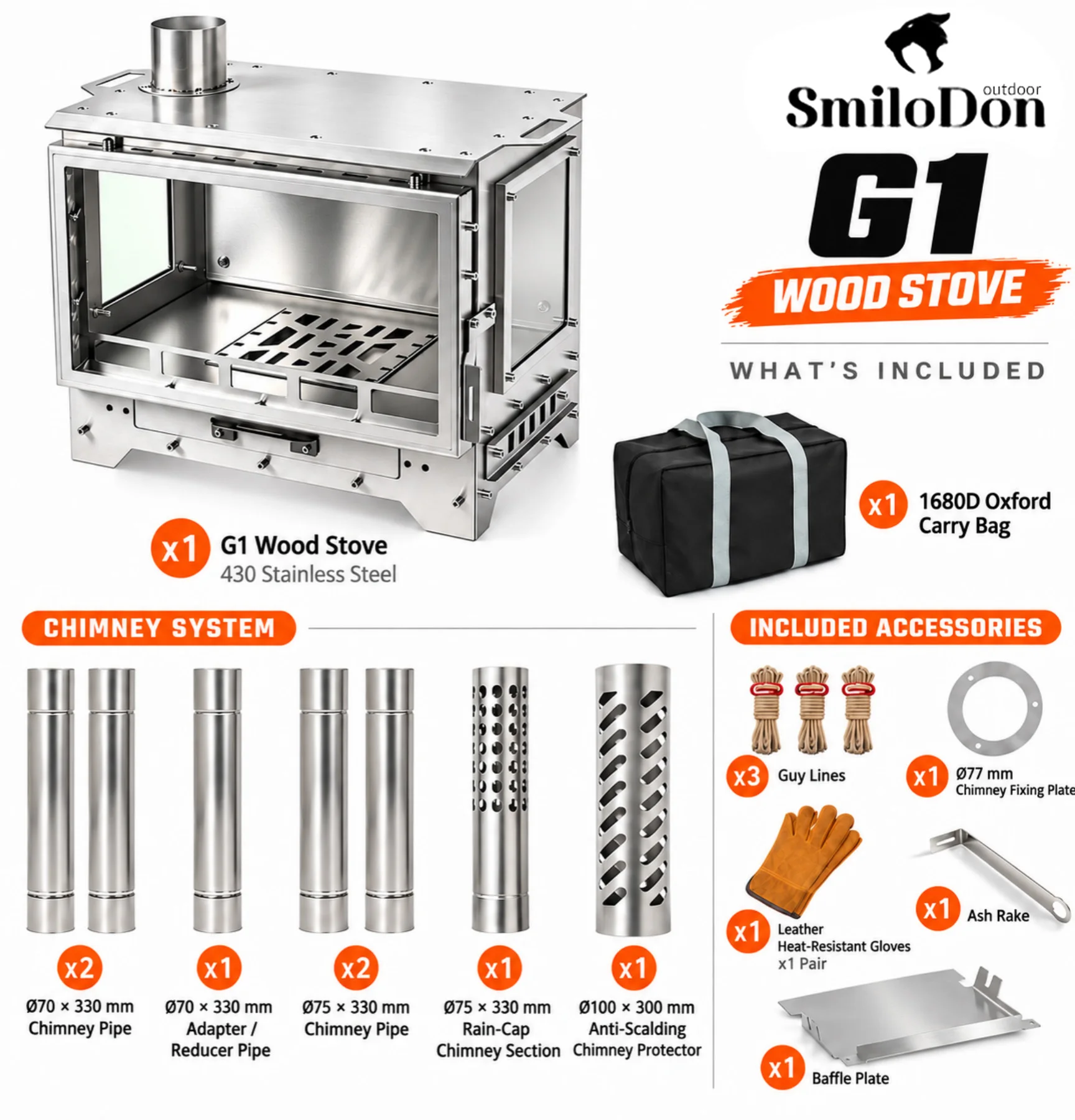 SmiloDon G1 Camping-Holzofen, 2026 Neuer 430 SUS Zeltheizer, 3-seitiges Glas, Sekundärverbrennung, 70/75mm Schornstein, Tragetasche – Detail 4