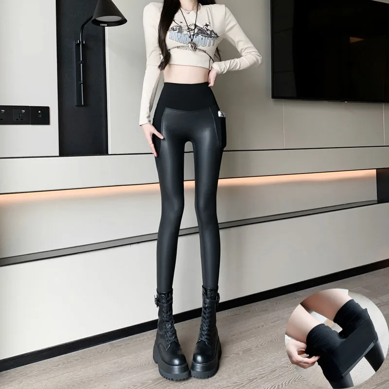 Pu Leather High Waist Straight Leather Pants Sexy Tight Hip Leggings Street Retro Beam Feet Zipper Motorcycle Trousers