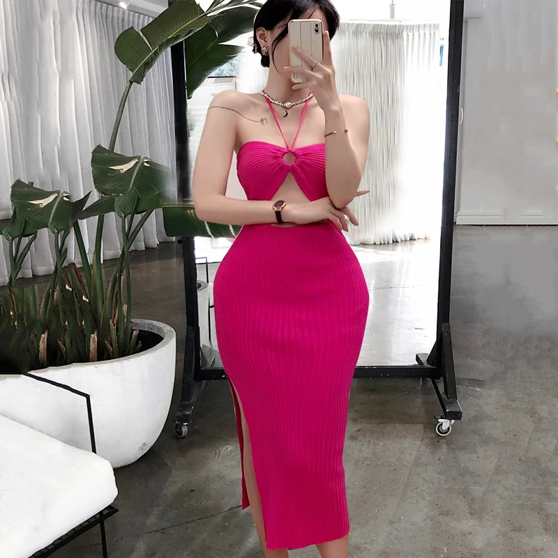 YuooMuoo Chic Fashion Abito avvolgente sexy Donna a costine lavorato a maglia Slim Elastico Halter Abito aderente Stile vacanza Abiti da spiaggia estivi