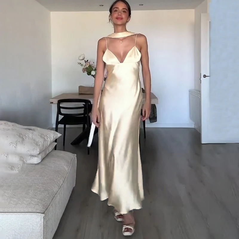 Ticketsx Scarf Satin Dress Women's Sexy V Neck Sleeveless Backless Yellow Slip Dress Summer 2025 Female Evening Party Slim Dress