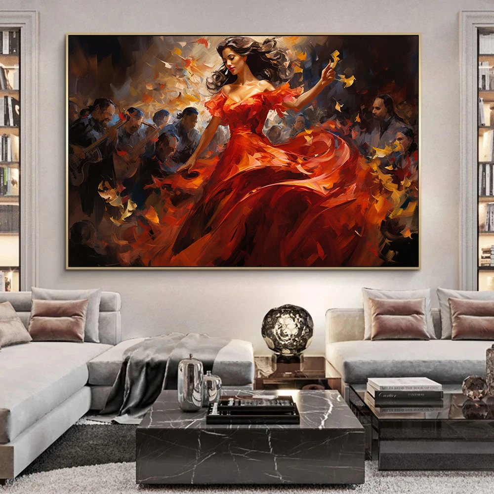 Colorful Abstract Spanish Flamenco Beauty Dancer Girl With Red Skirt Band Poster Canvas Painting Wall Art Pictures Home Decor