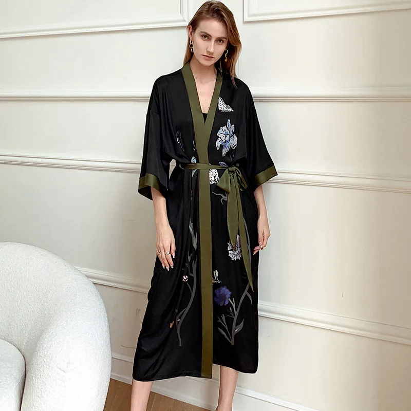 Female Long Robe Nightgown Print Crane Kimono Bathrobe Gown Sleepwear Spring Summer Casual Silk Satin Home Dress Lounge Wear