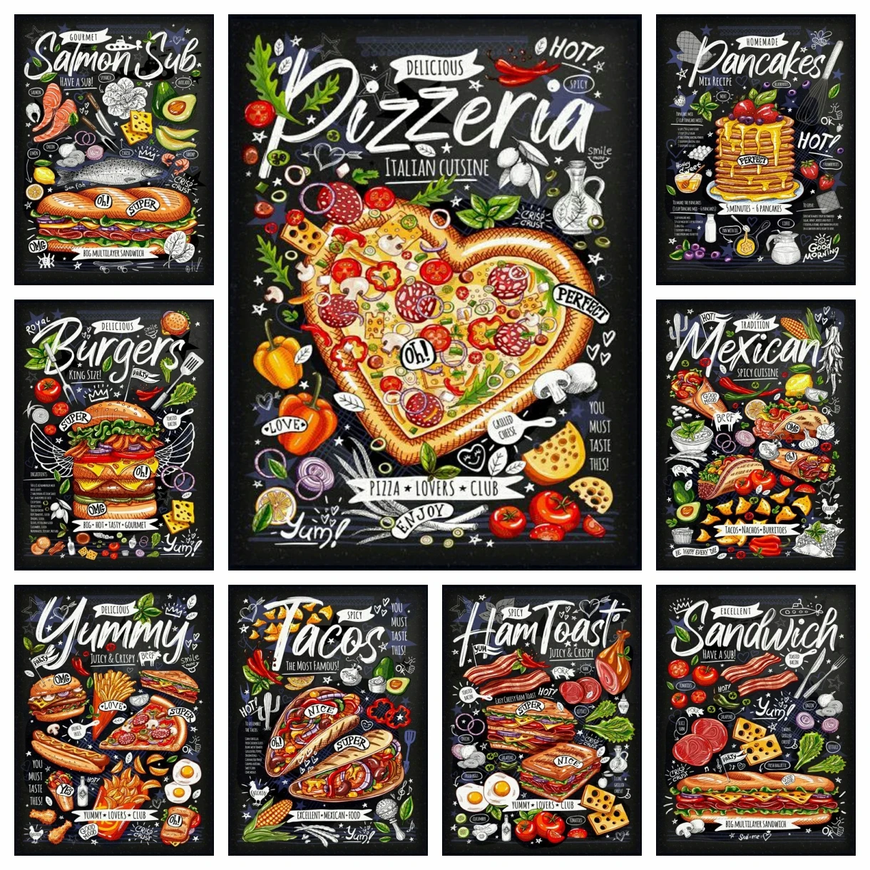 5D pittura diamante fai da te cibo poster patatine fritte hamburger Pizza Sandwich cucina punto croce mosaico trapano completo rotondo decorazioni