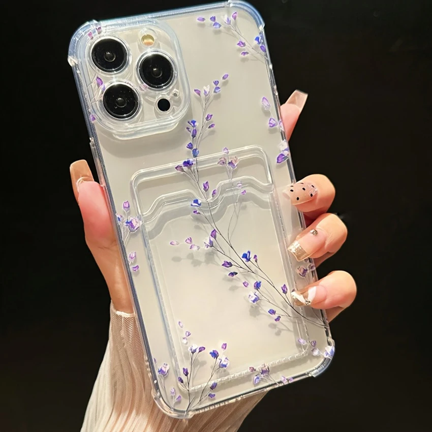 

Card Pocket Phone Case For Iphone 16 15 14 13 Pro 12 11 Max Plus 16Pro Purple Floral Phone Case Clear 15Promax Cover Hard Shell