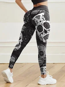 3D Printed Skull Graphic Women's Yoga Pants Fashion Cool Gothic Style Elastic Legging Outdoor Running Sports Casual Fitness Pant