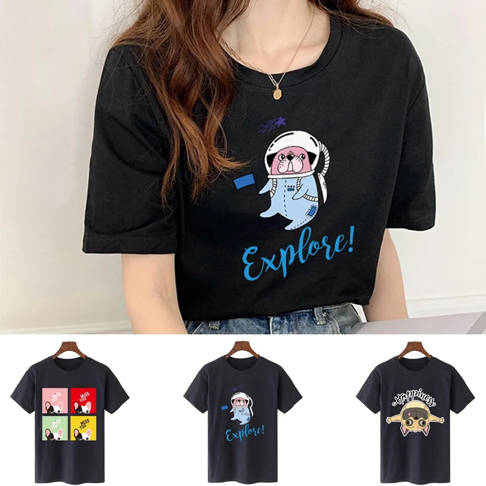 

T-shirt Summer 2024 Women Round Neck Short Sleeve Top Tee Casual Breathable Clothing Tshirts All-match Shirt Dog Print Pullover